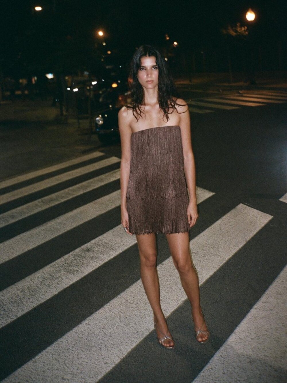 ZARA FRINGE BROWN STRAPLESS DRESS